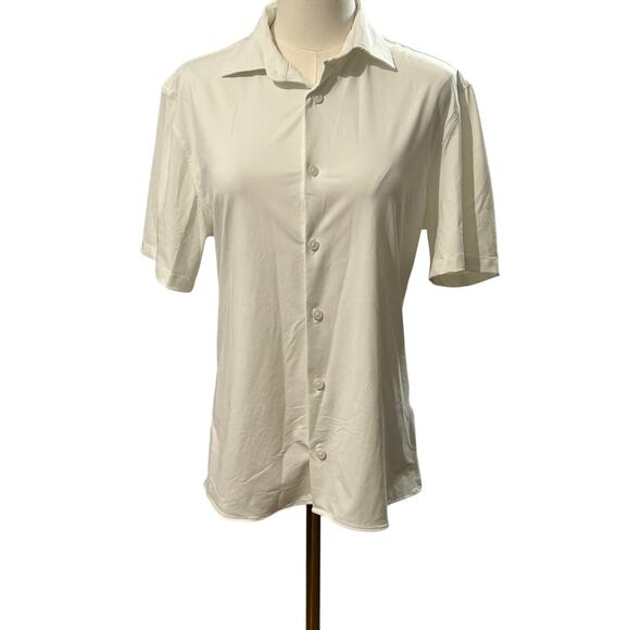 Zara white stretchy button up blouse short sleeve business casual small classic - Picture 1 of 4